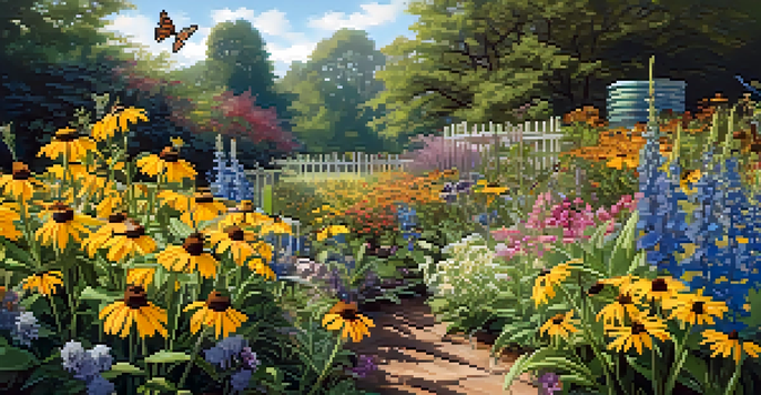 A colorful garden filled with blooming perennial plants like coneflowers and black-eyed Susans, with sunlight filtering through the leaves and butterflies fluttering around.