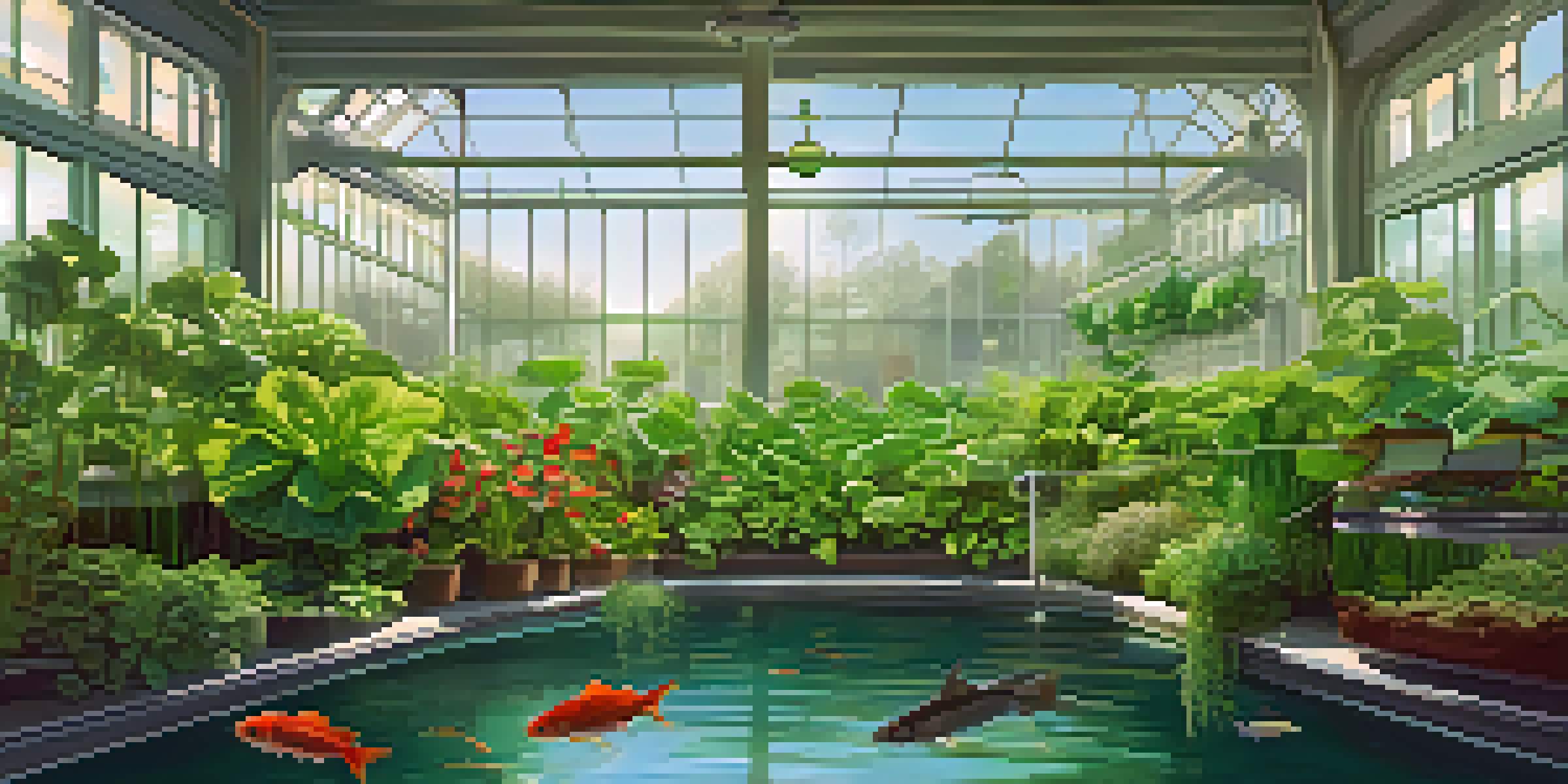 A bright aquaponics system with healthy plants and fish, illuminated by sunlight in a greenhouse.