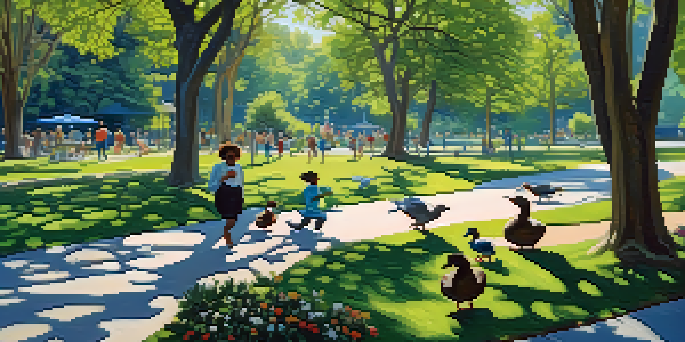 A peaceful urban park with green lawns, colorful flowers, and tall trees under sunlight. People are seen jogging on a path, and ducks are swimming in a pond.