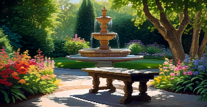 A vibrant garden with colorful flowers and a small fountain, illuminated by sunlight, with a wooden bench nearby.