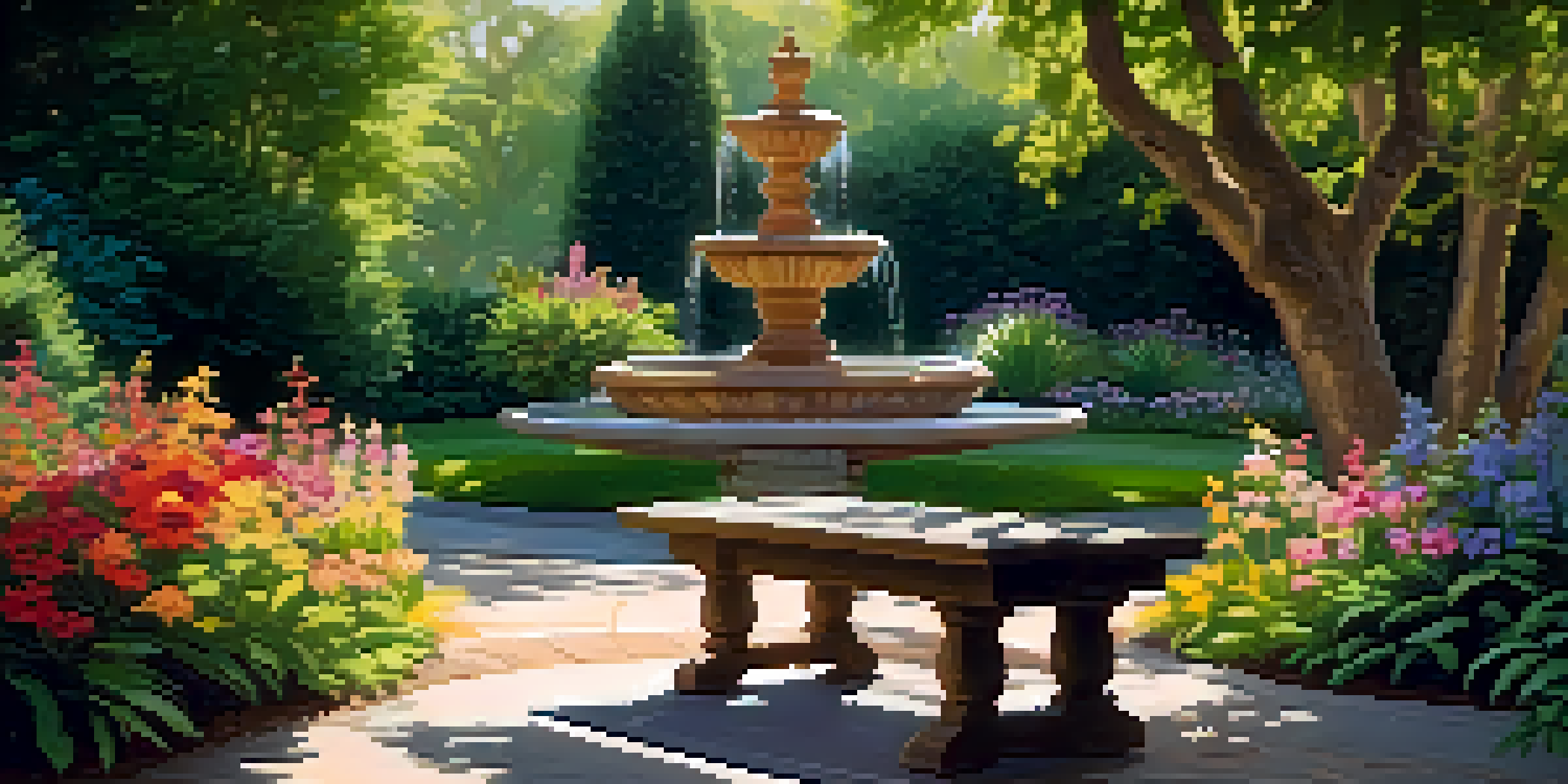 A vibrant garden with colorful flowers and a small fountain, illuminated by sunlight, with a wooden bench nearby.