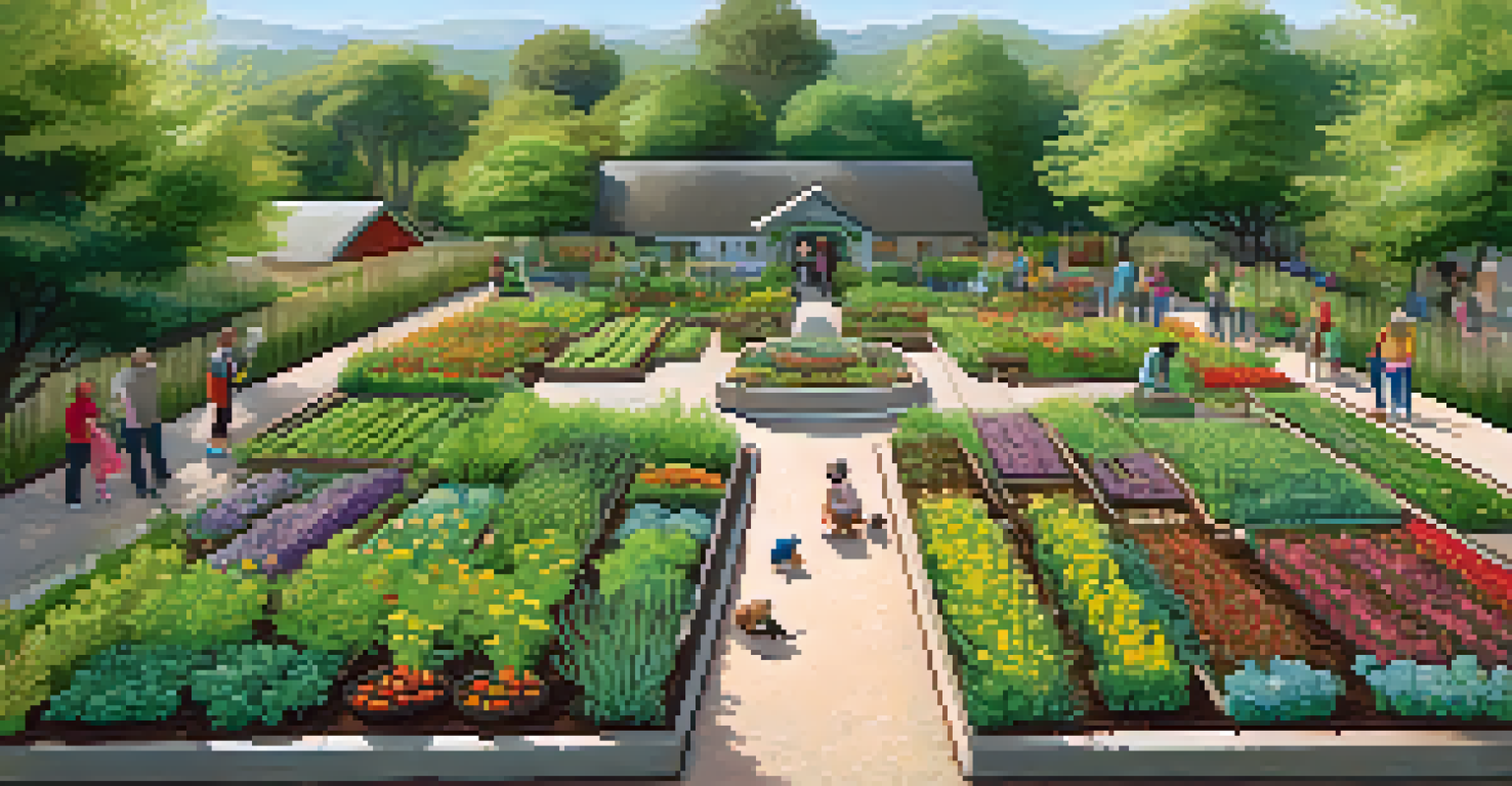 An aerial view of a community garden with vegetables and herbs, where families and children engage in gardening activities.