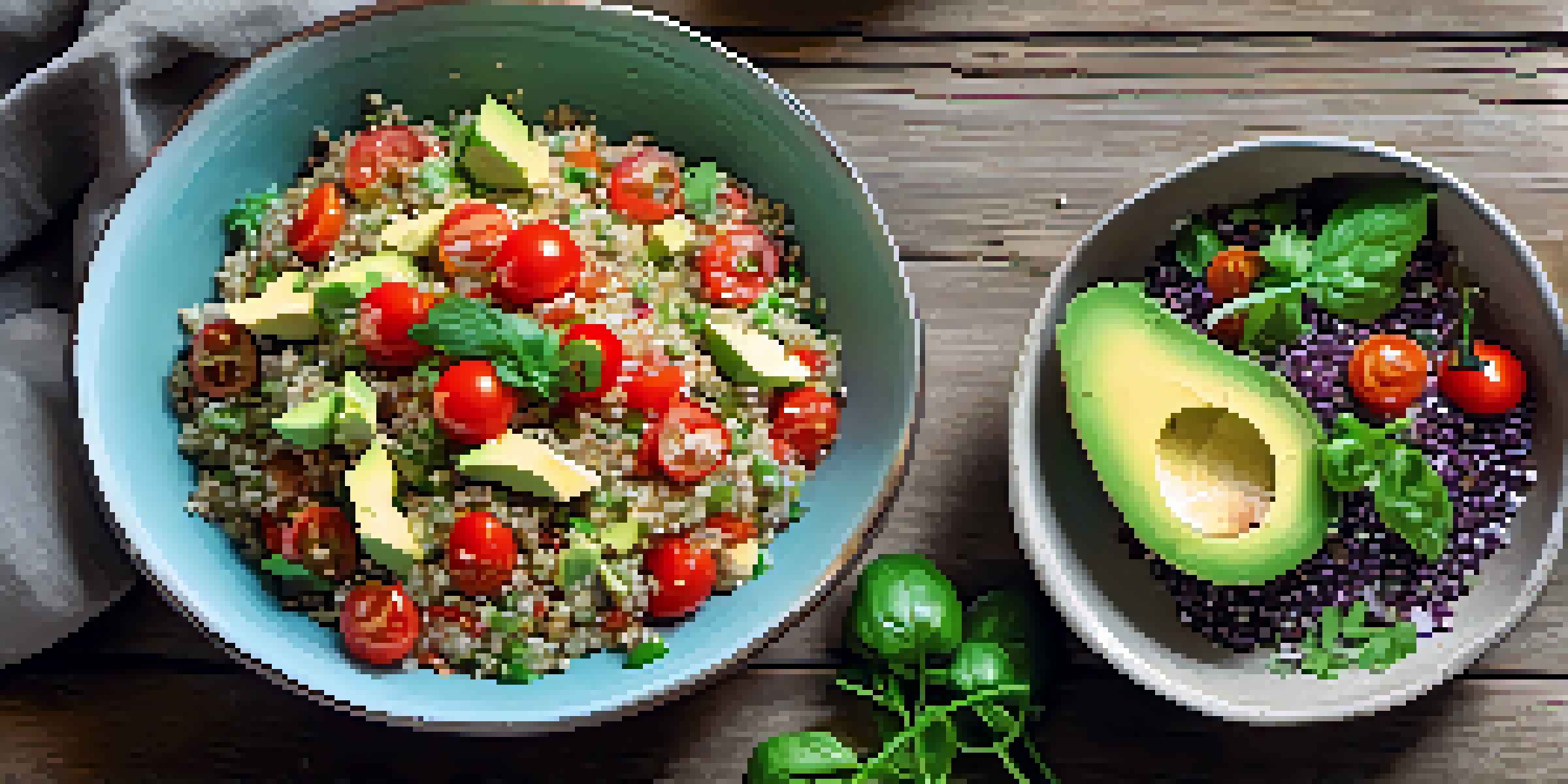 A colorful quinoa salad with avocado and cherry tomatoes on a wooden table, illuminated by natural light.
