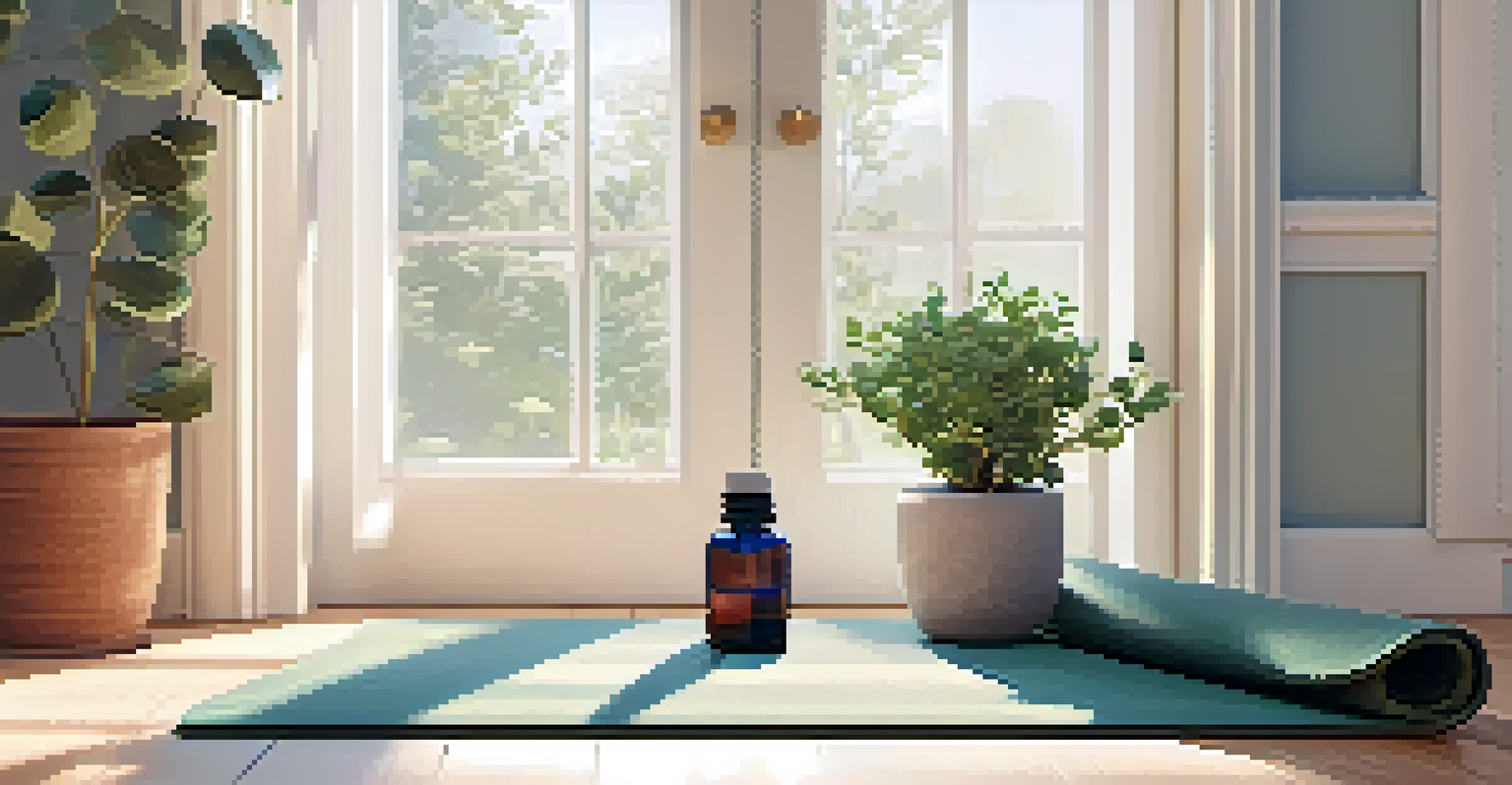 A cozy meditation corner with a yoga mat, eucalyptus oil, and a plant, illuminated by sunlight, creating a peaceful atmosphere.