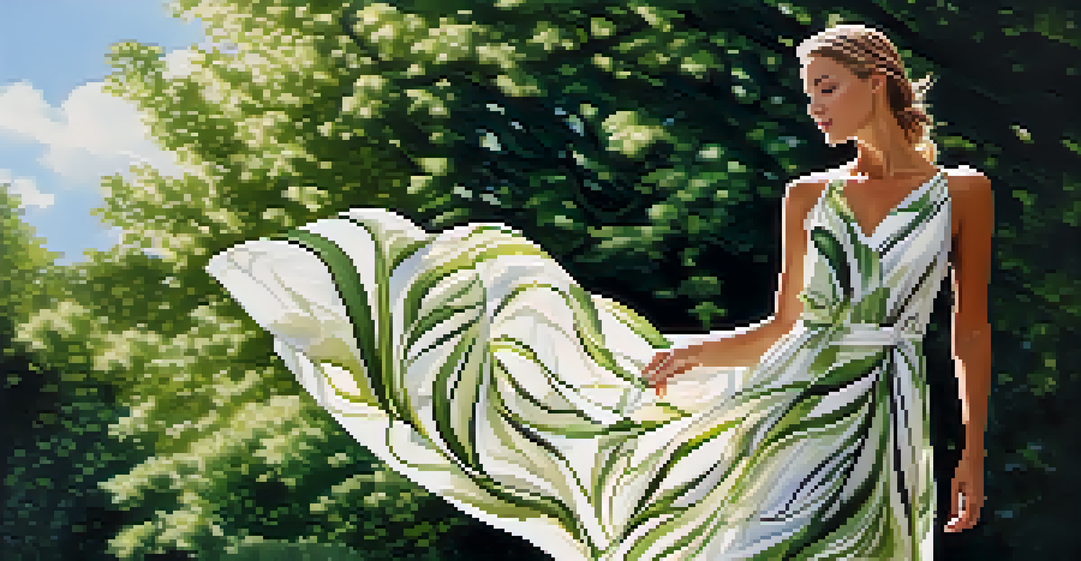 A model in a flowing soy fabric dress stands outdoors, surrounded by greenery, with sunlight filtering through leaves.
