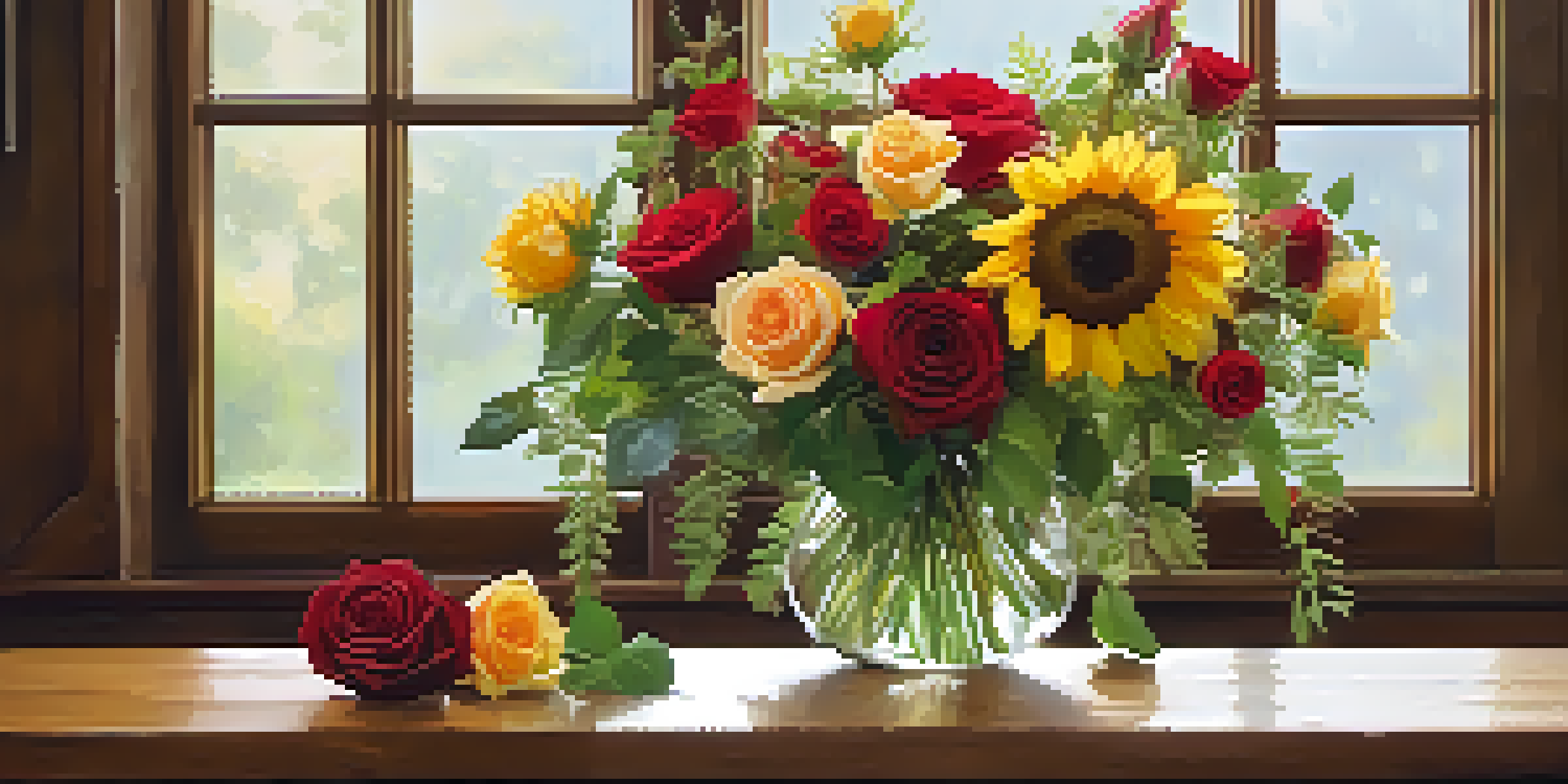 A floral centerpiece with roses and sunflowers in a glass vase on a wooden table, lit by natural light.