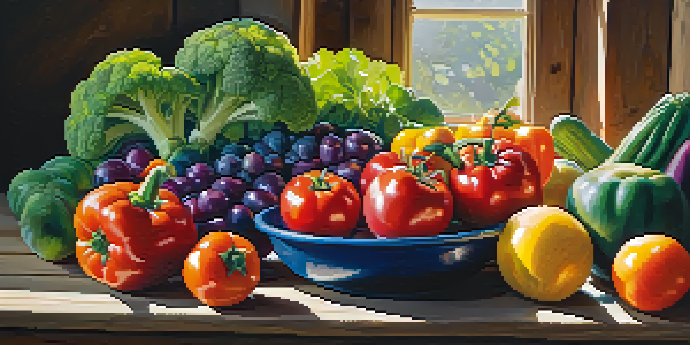 A colorful array of fruits and vegetables on a wooden table, illuminated by sunlight.