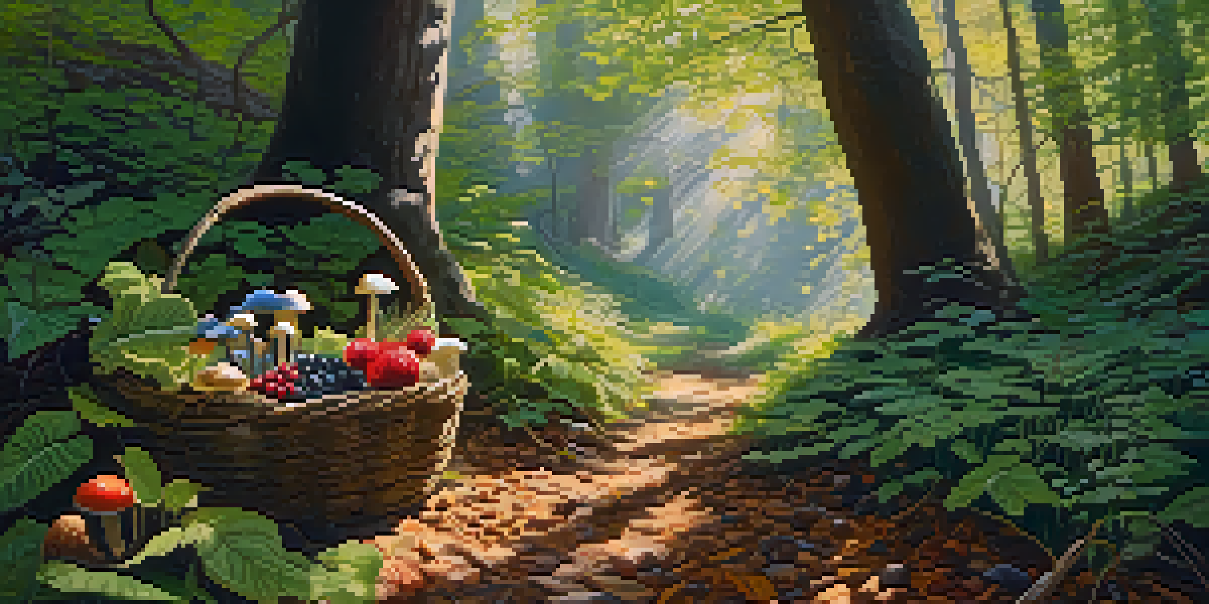 A person foraging in a sunlit forest, surrounded by wild edible plants like mushrooms and berries, with dappled light filtering through the leaves.