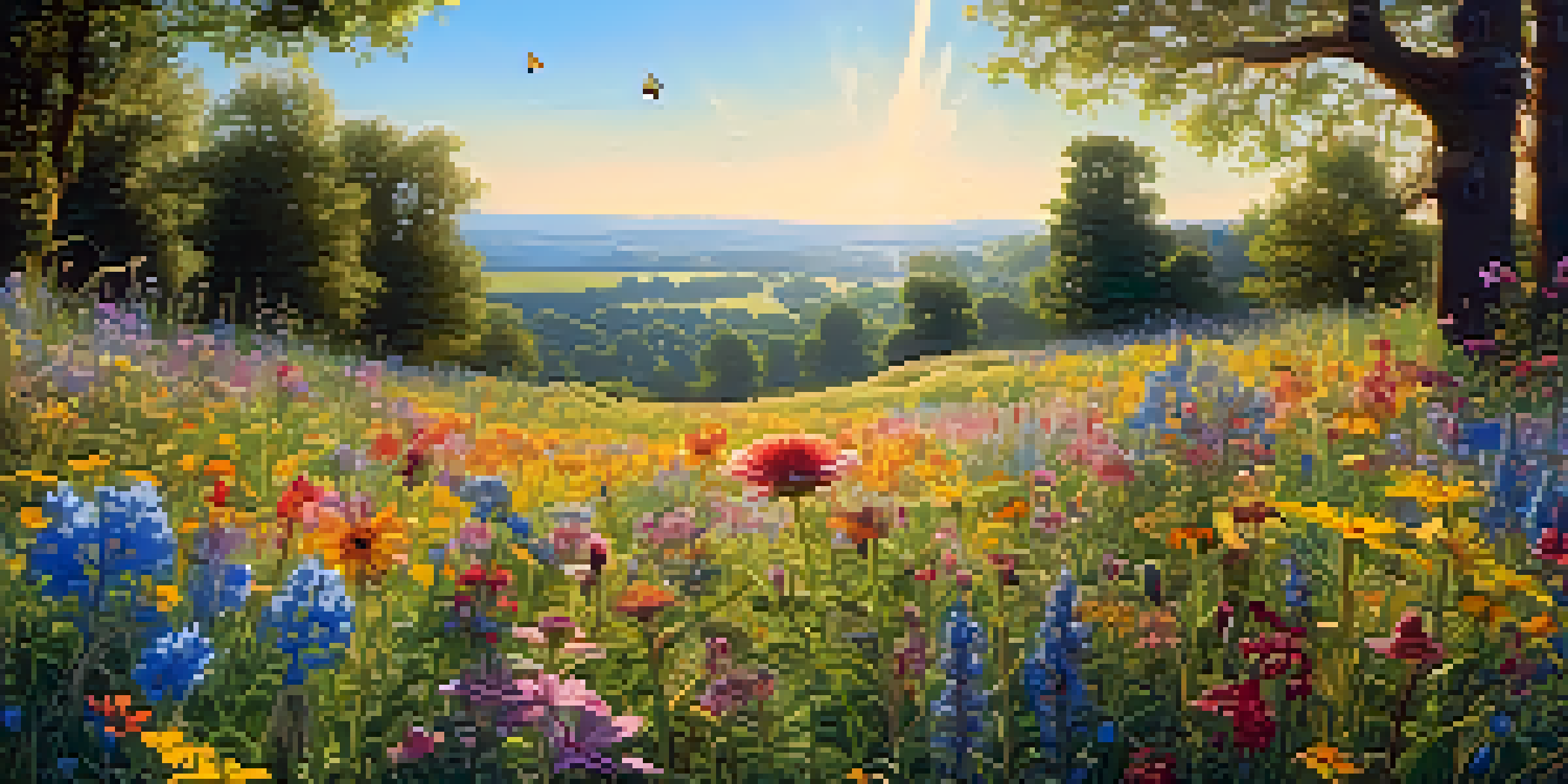 A colorful wildflower meadow with bees and butterflies, illuminated by warm sunlight.