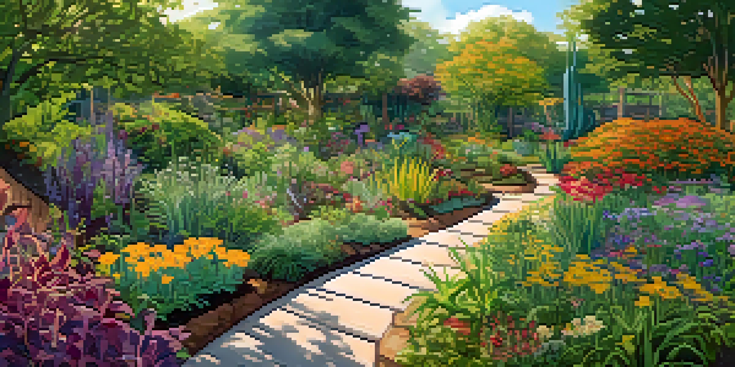 A colorful permaculture garden filled with different plants, trees, and flowers under warm sunlight, featuring a compost pile in the background.