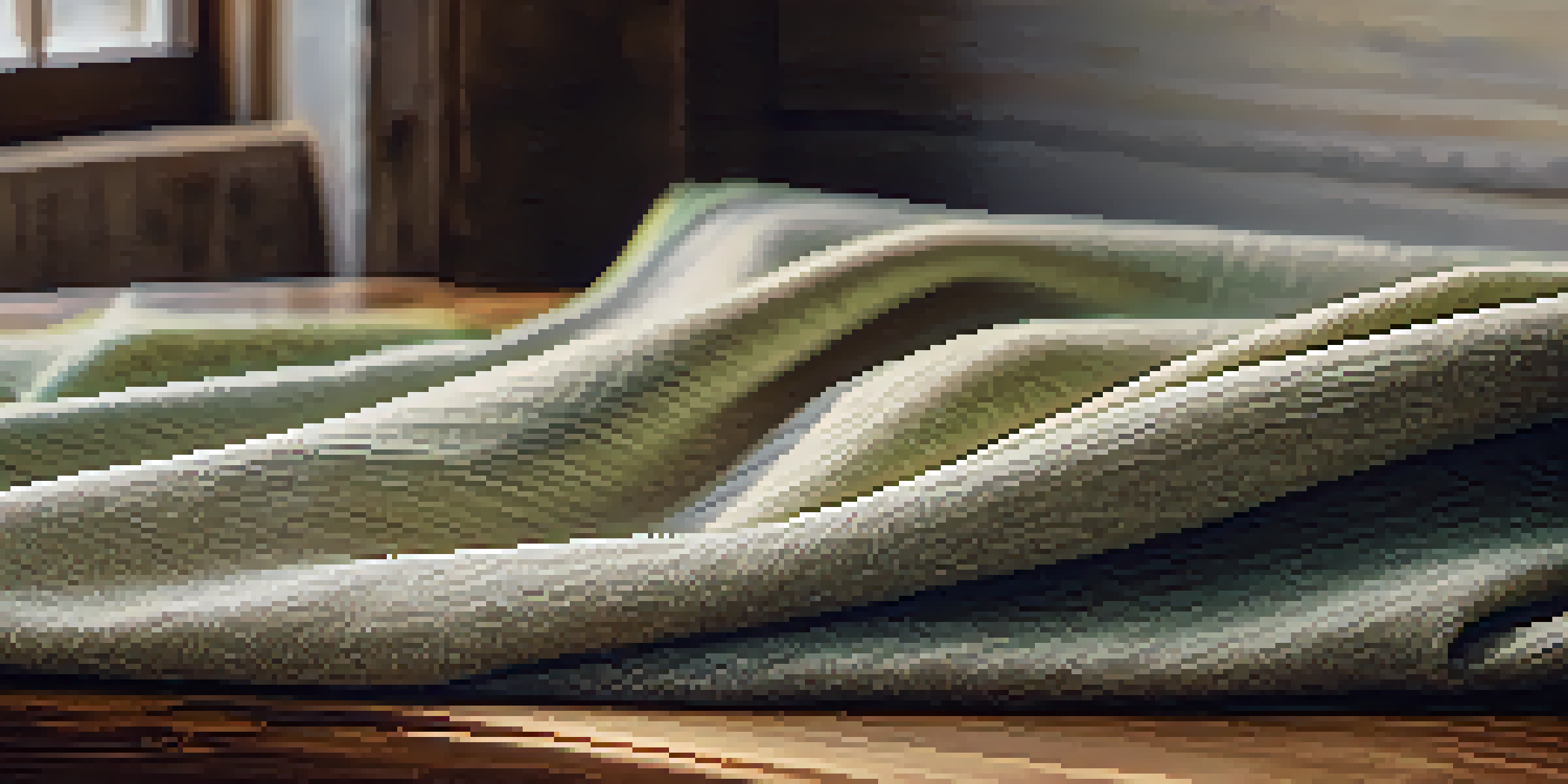 A close-up view of hemp fabric with a natural beige color, draped over a wooden table, illuminated by soft natural light.