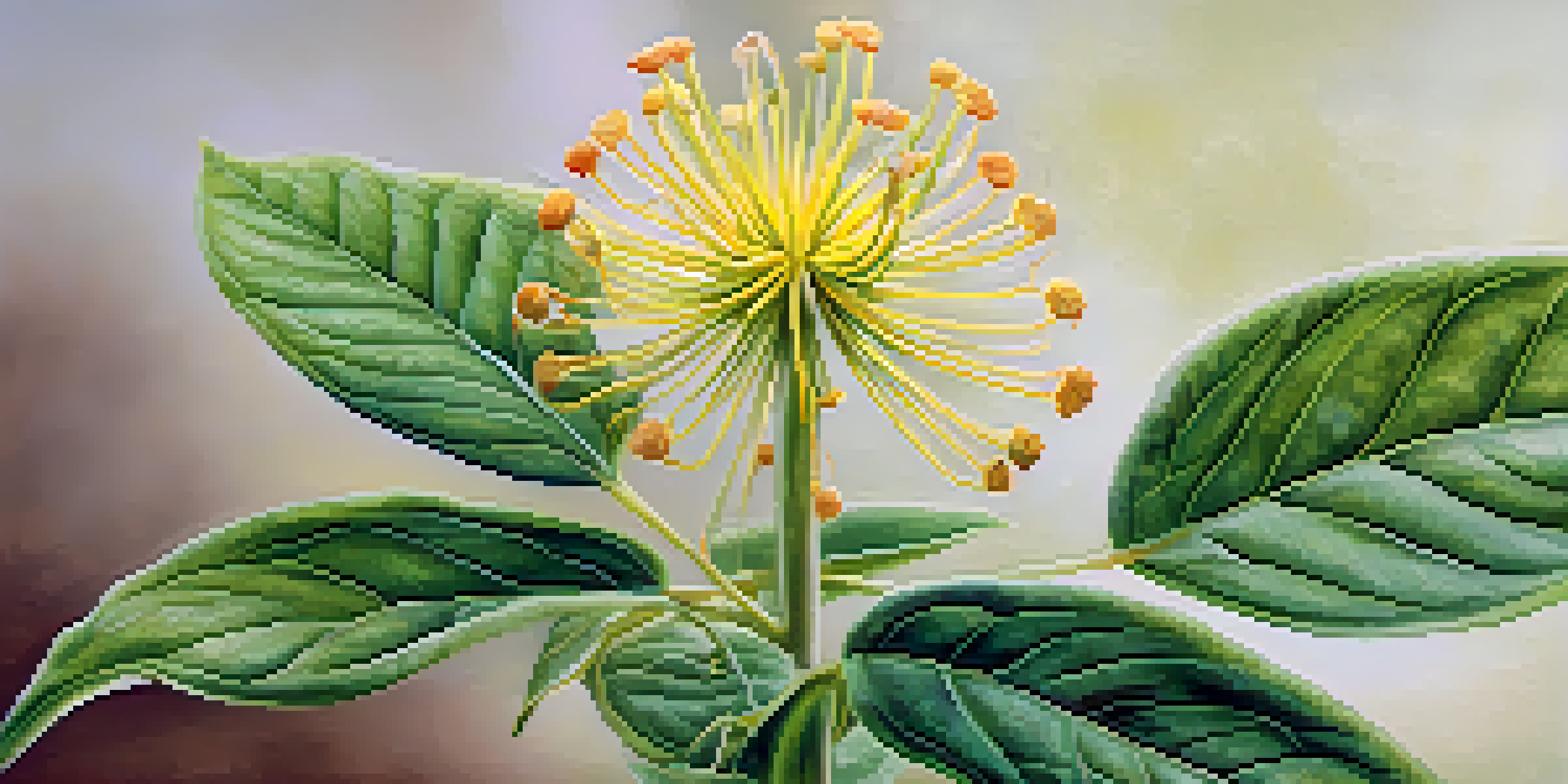 A close-up of a medicinal plant showcasing detailed leaves and flowers, with a soft-focus background of its natural habitat.