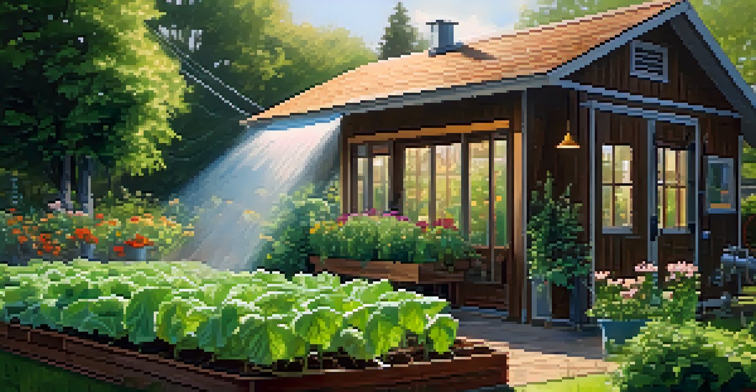 An automated irrigation system watering a lush vegetable garden, with a sunny backyard and a wooden shed in the background.