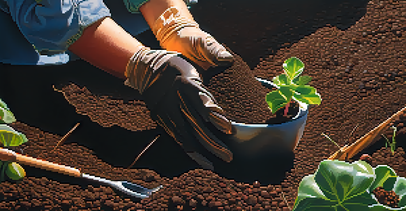 A close-up of hands planting seeds in soil, with a trowel and colorful seed packets in the background.