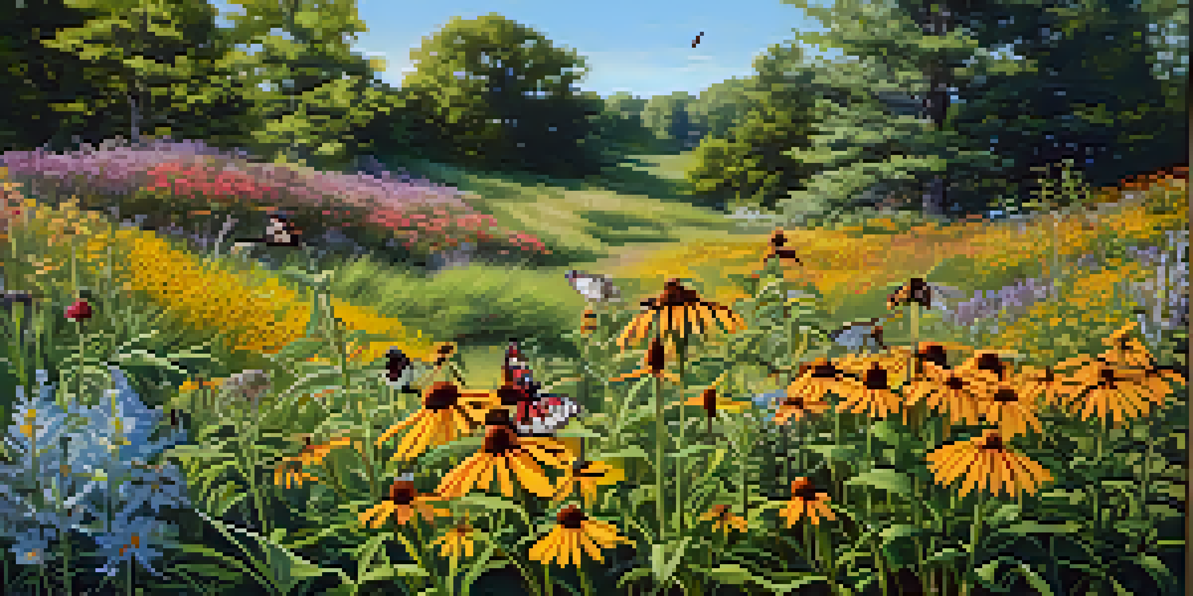 A colorful native plant garden with wildflowers and pollinators such as butterflies and bees, under a blue sky.