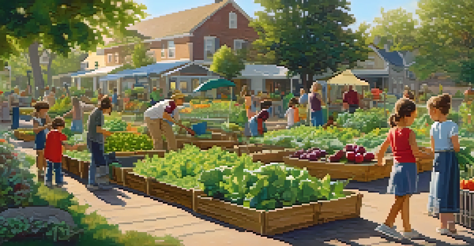 Families harvesting vegetables in a vibrant community garden filled with various plants and children playing in the background.