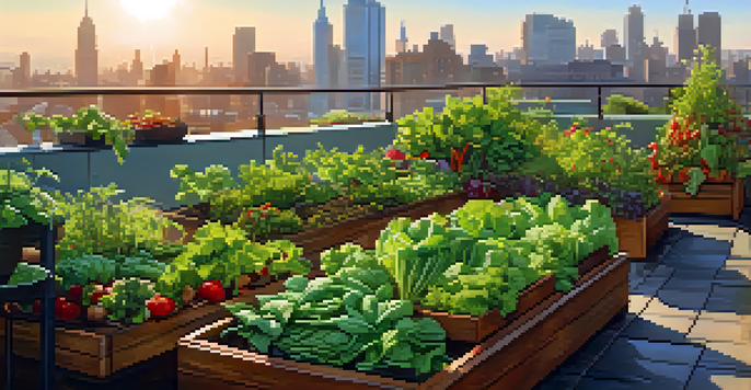 An urban rooftop garden with vertical planters filled with various vegetables and herbs, against a city skyline in the background.