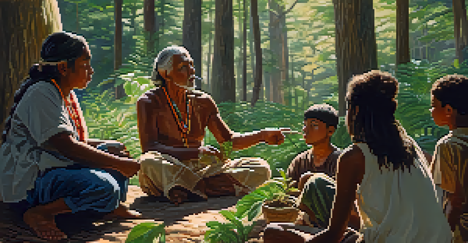 An elder sharing knowledge about plants with young people in a lush forest, emphasizing cultural heritage.