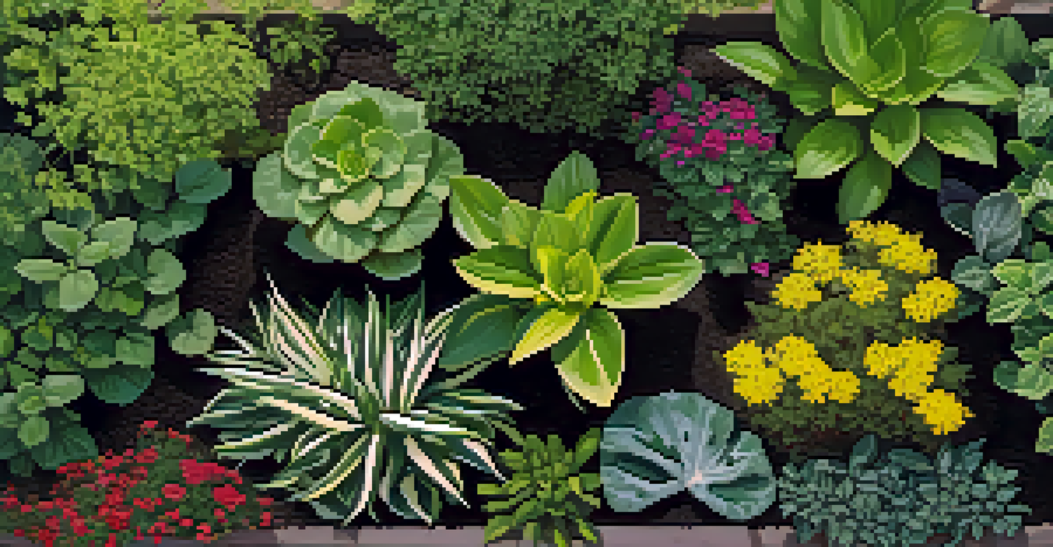 An aerial view of a garden showing healthy and stunted plants, with rich soil and yellowing leaves.