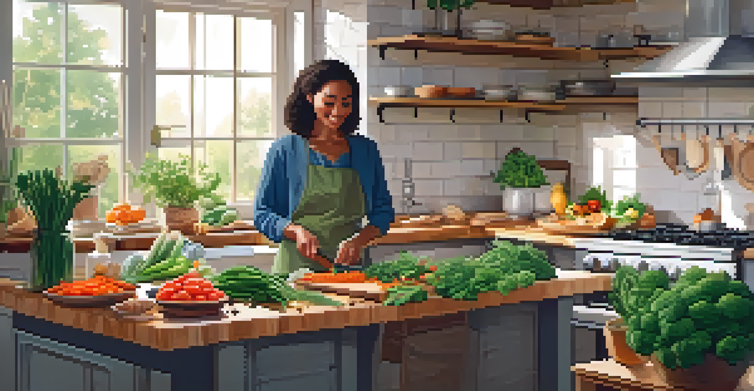 A person preparing a healthy plant-based meal in a bright kitchen, surrounded by fresh ingredients on the countertop.