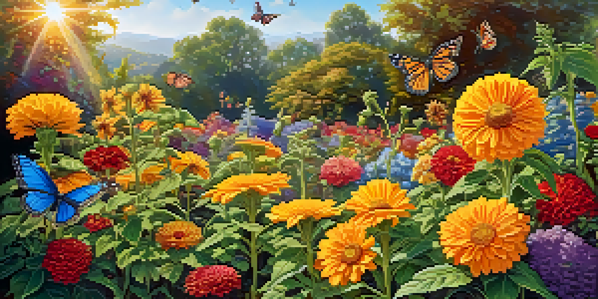 A colorful garden filled with companion plants like marigolds and sunflowers, with bees and butterflies enjoying the flowers under warm sunlight.