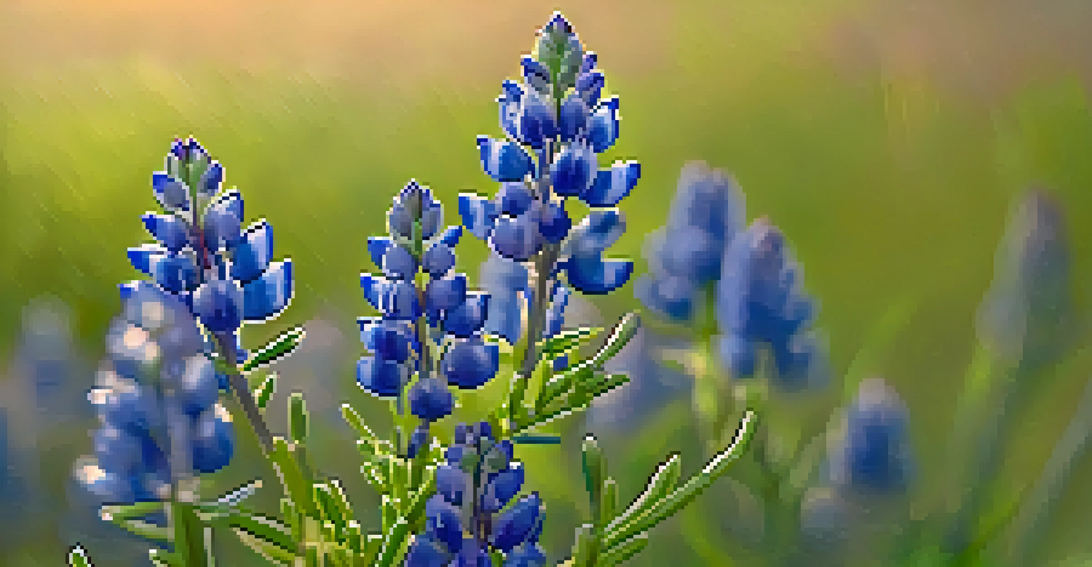 A close-up image of a Texas Bluebonnet with dew droplets in the morning light.