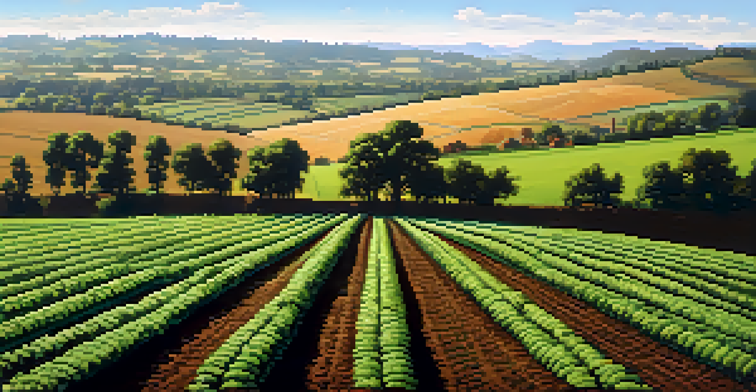 A landscape with rows of crops and trees under a sunny sky, showcasing healthy plants and rich soil.