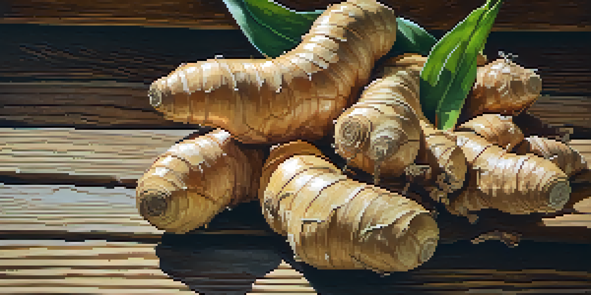 Detailed close-up of fresh ginger roots on a wooden surface, highlighting their texture and earthy colors.
