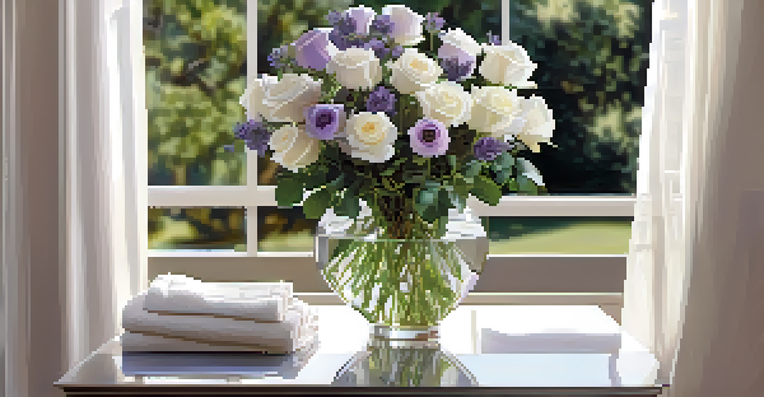 A peaceful display of lavender and white roses in a glass vase, set in a softly lit room.