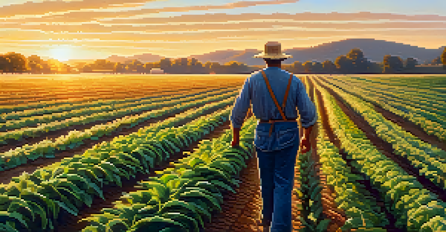 A farmer looking over a thriving crop field at sunset.