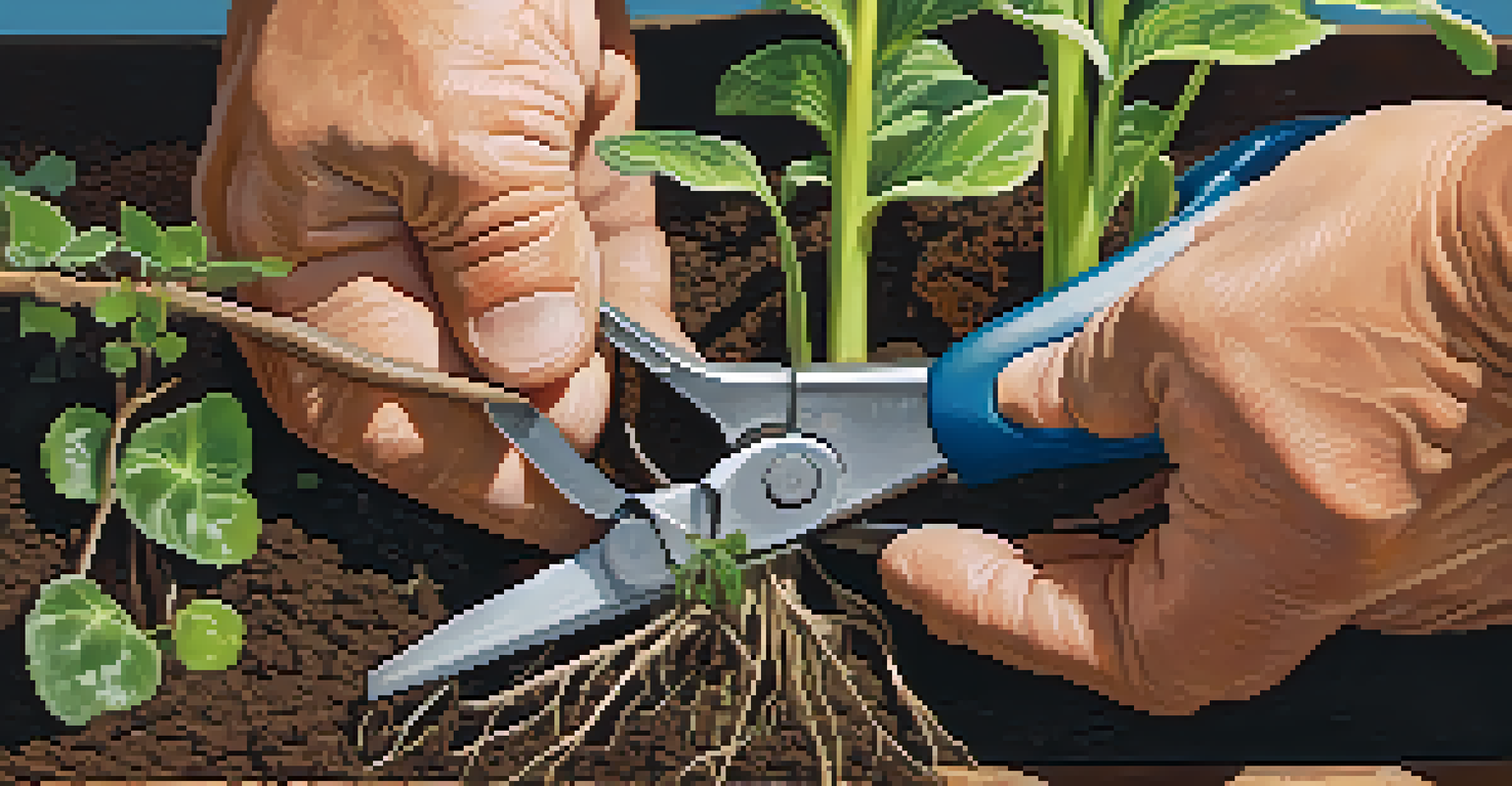 A close-up of hands using pruning shears to divide a plant's roots, with soil and gardening tools in the background.