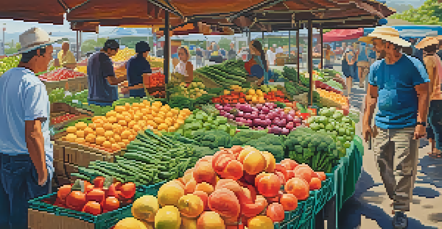 A bustling farmer's market with diverse fruits and vegetables, and people from various backgrounds engaging with each other.