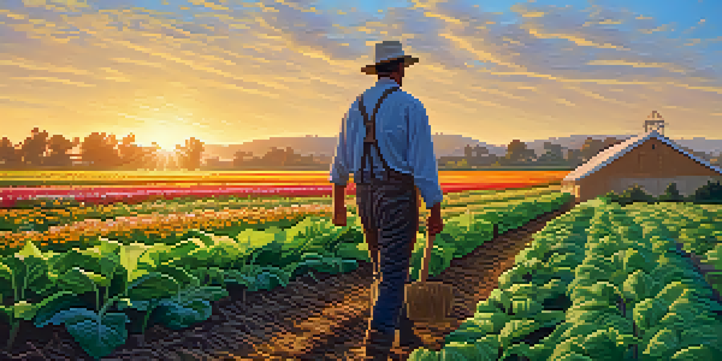 A farmer tending to a diverse field of crops in a sunlit landscape with colorful wildflowers.