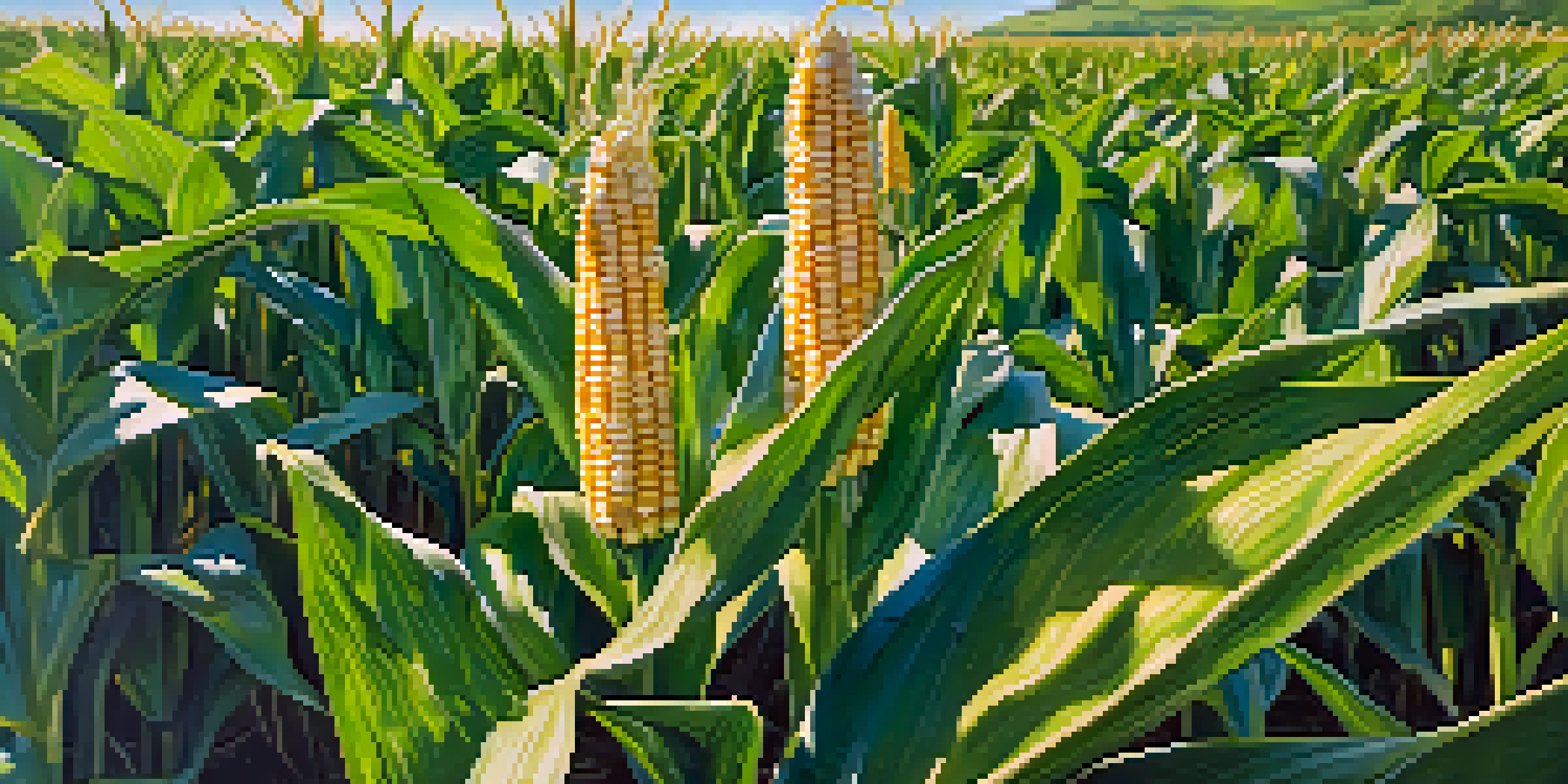 A close-up view of a genetically modified corn plant with golden corn ears in a green field under blue skies.