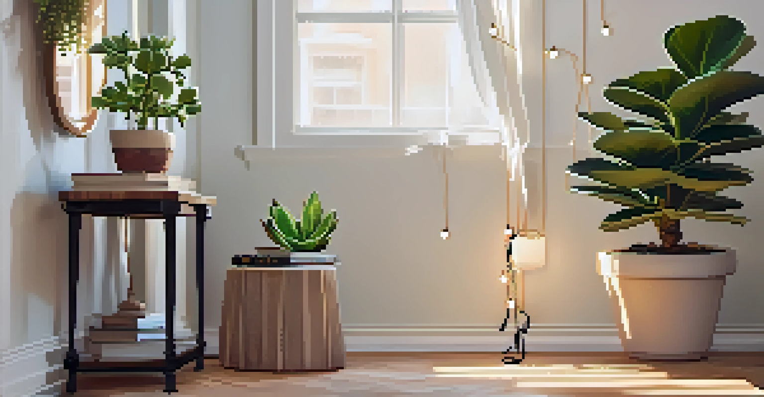 A charming indoor corner filled with plants of varying heights and a warm light ambiance from fairy lights.