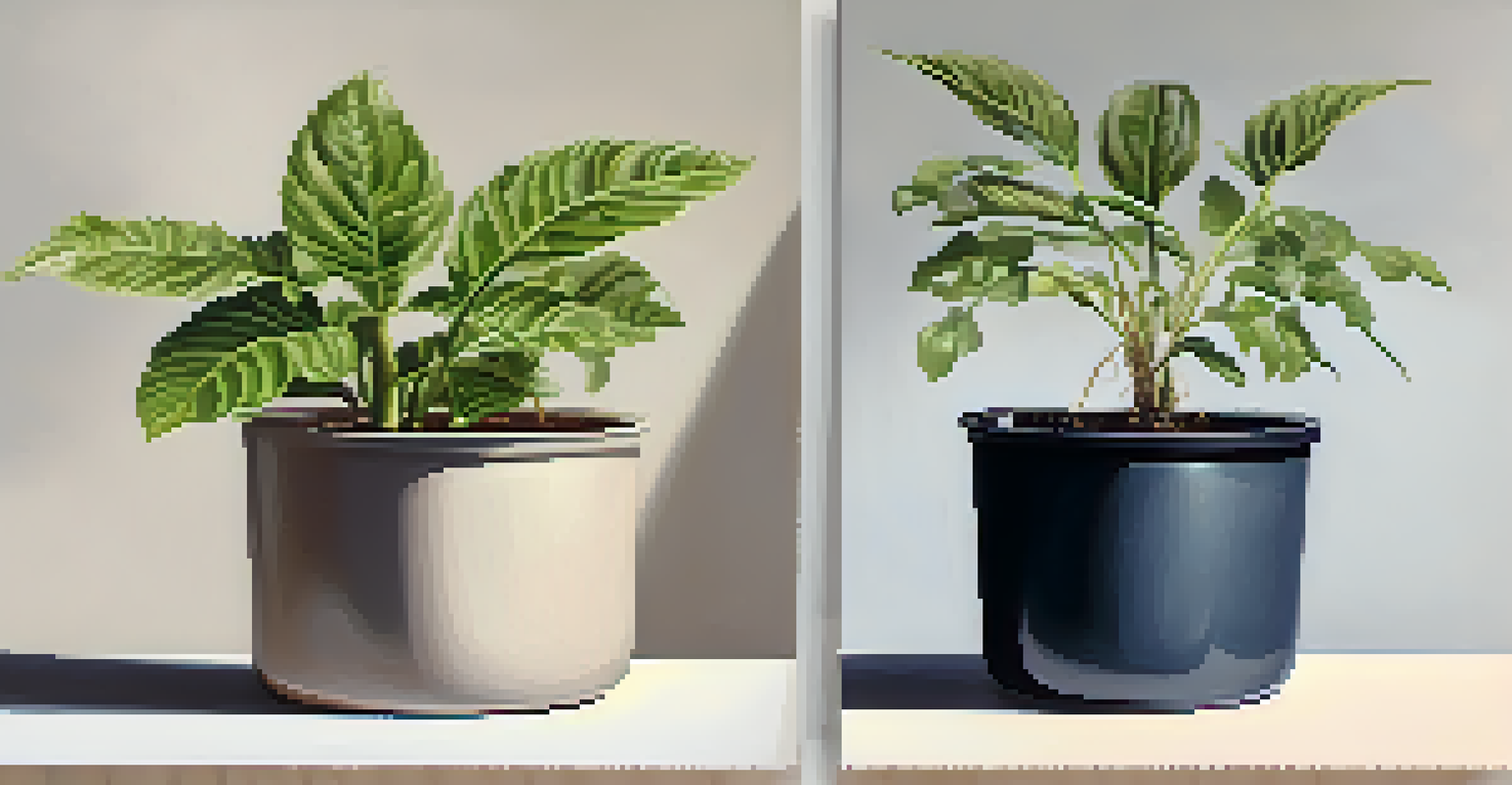 Two plants in pots, one healthy and green, the other wilted, highlighting the effects of environmental stress.