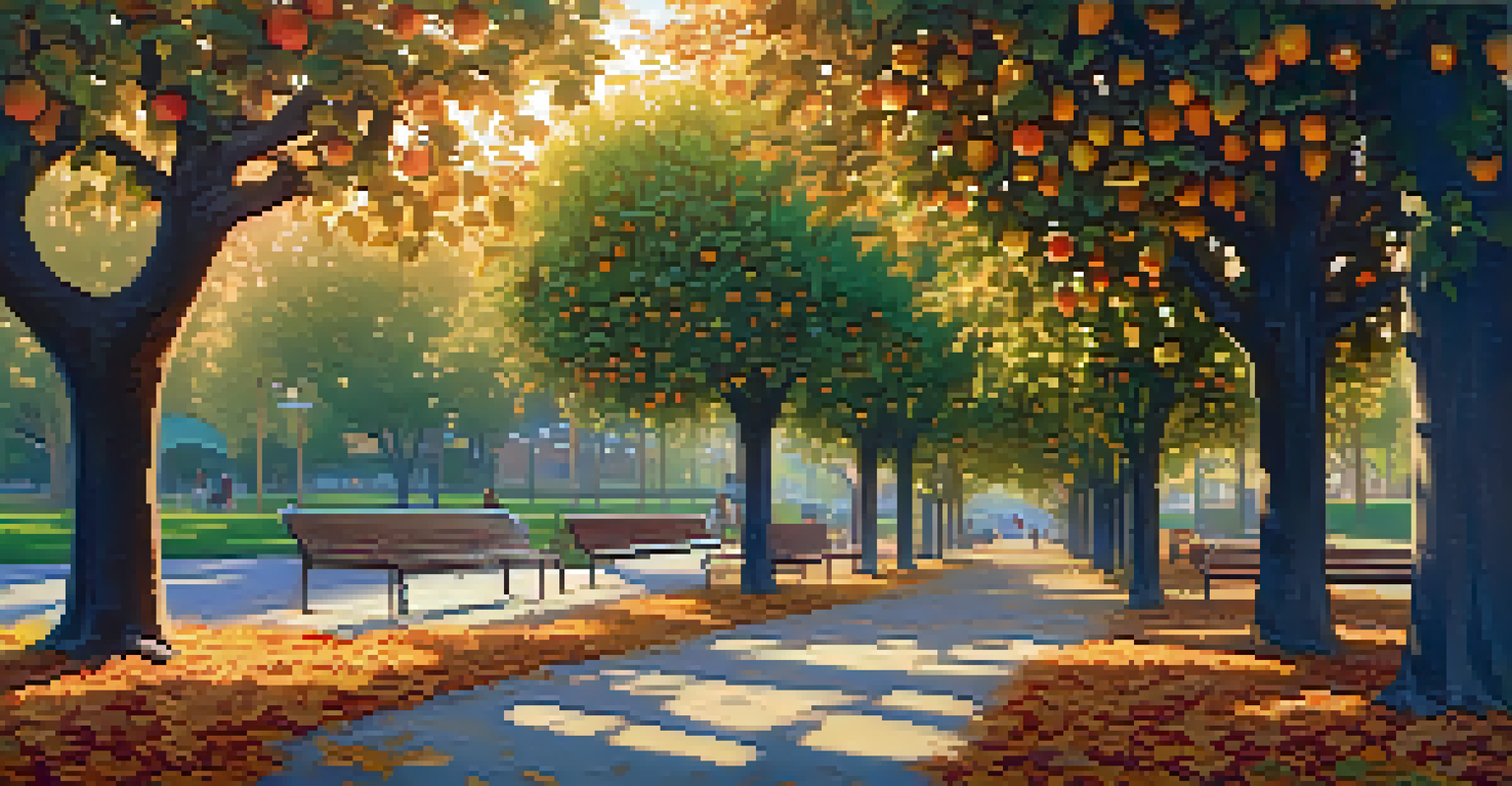 A park with fruit trees along a path, filled with ripe fruits and birds, illuminated by warm golden hour light.