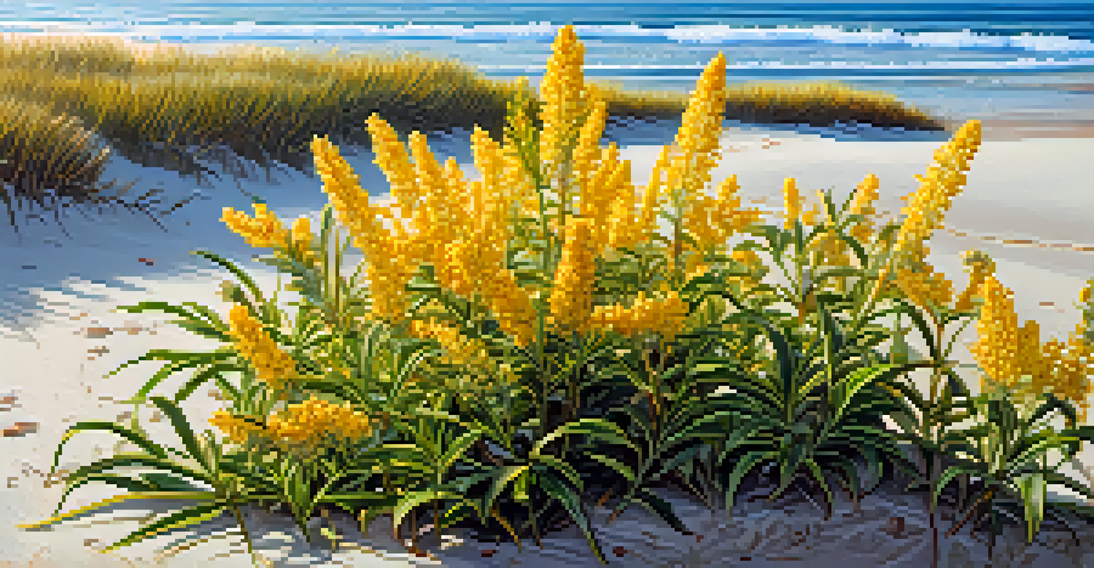 Close-up of salt-tolerant plants like seaside goldenrod and beach strawberry with sea spray droplets.