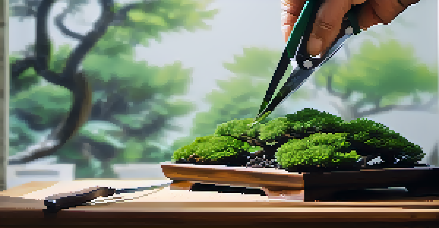 A close-up of bonsai shears pruning a branch of a bonsai tree, showcasing the sharpness and precision involved.