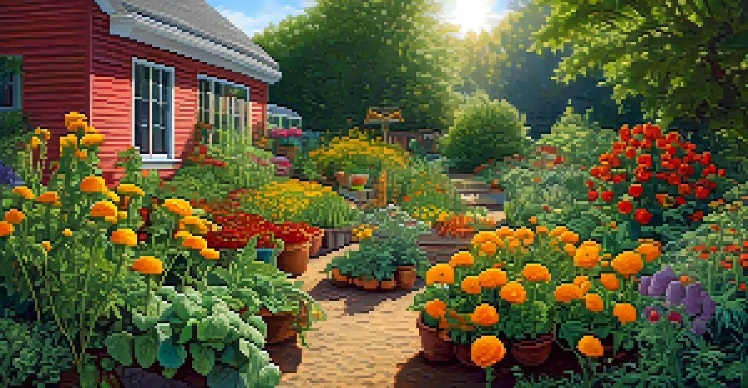 A colorful garden with marigolds planted among vegetables, attracting beneficial insects.