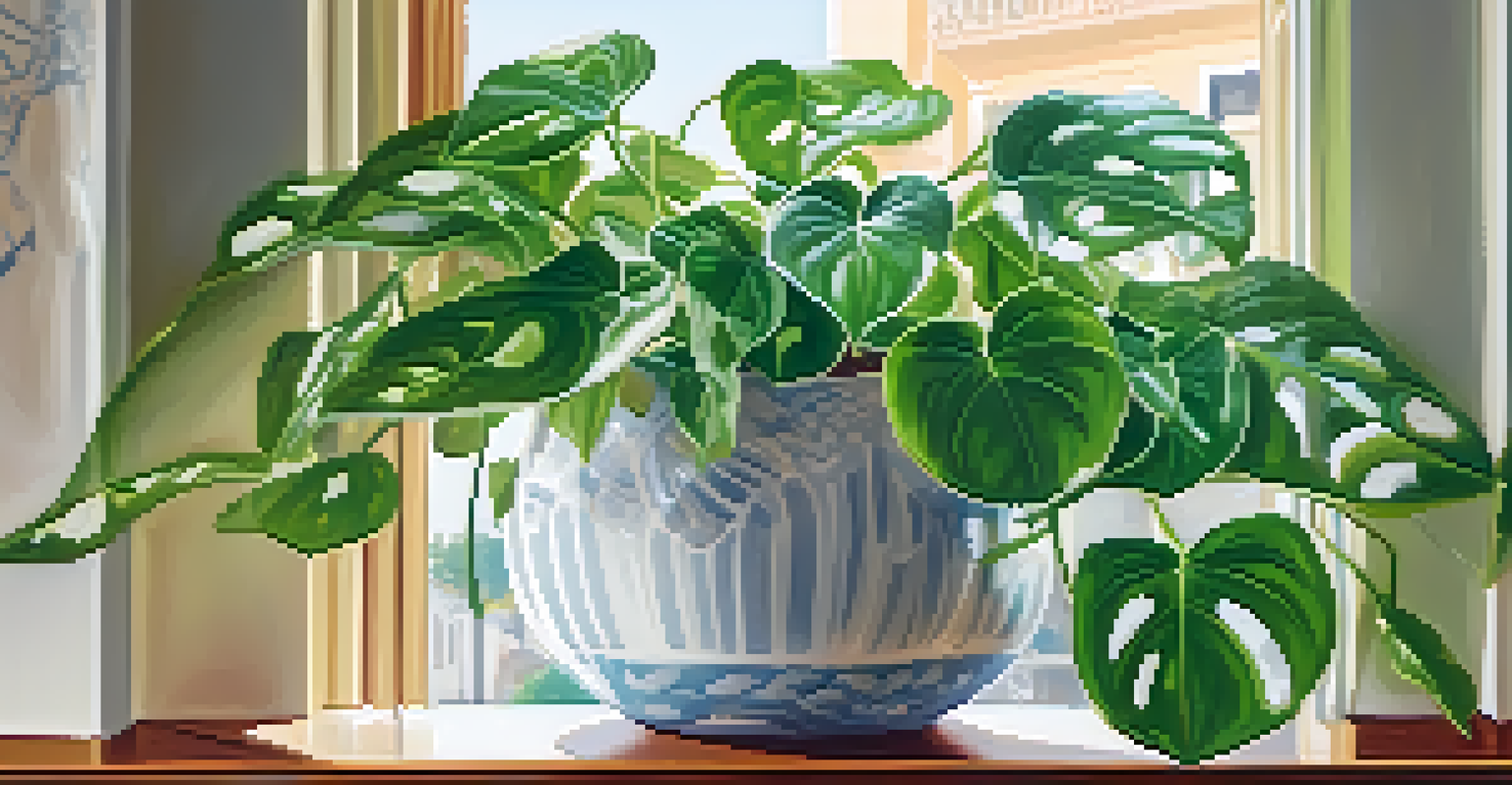 A close-up of a healthy pothos plant with glossy green leaves in a stylish ceramic pot, with a sunny balcony in the background.