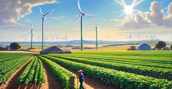 A colorful farm landscape with various crops, a farmer working, and a wind turbine, under a bright sky.