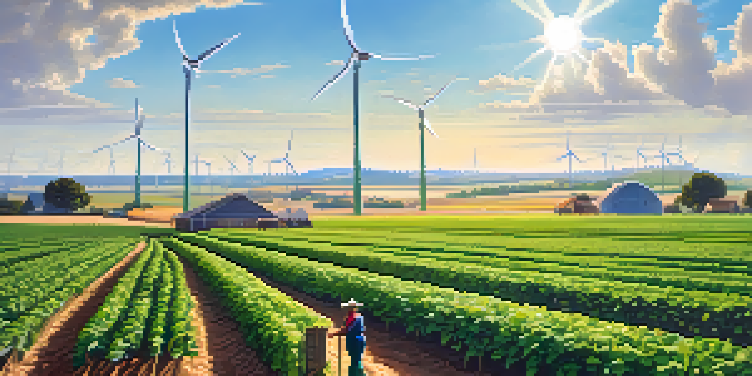 A colorful farm landscape with various crops, a farmer working, and a wind turbine, under a bright sky.