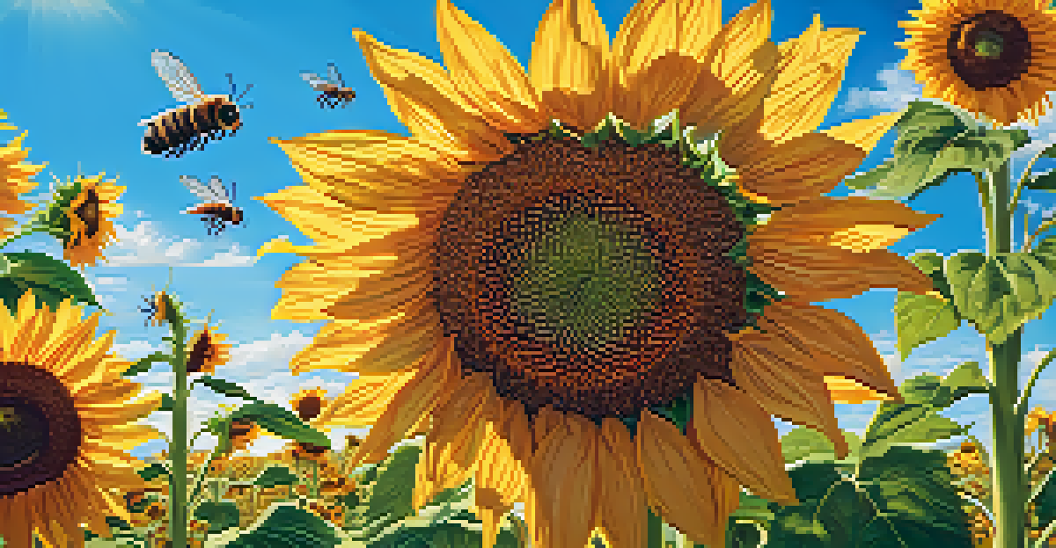 A vibrant field of sunflowers under a blue sky, with bees hovering around.
