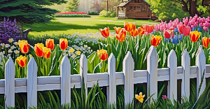 A colorful spring garden with blooming tulips and daffodils, lush green grass, and butterflies in sunlight.