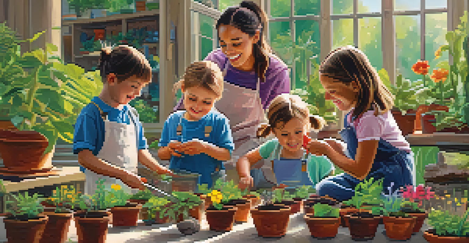 Children happily participating in a gardening workshop at a botanical garden, planting seeds in pots with colorful tools around them.