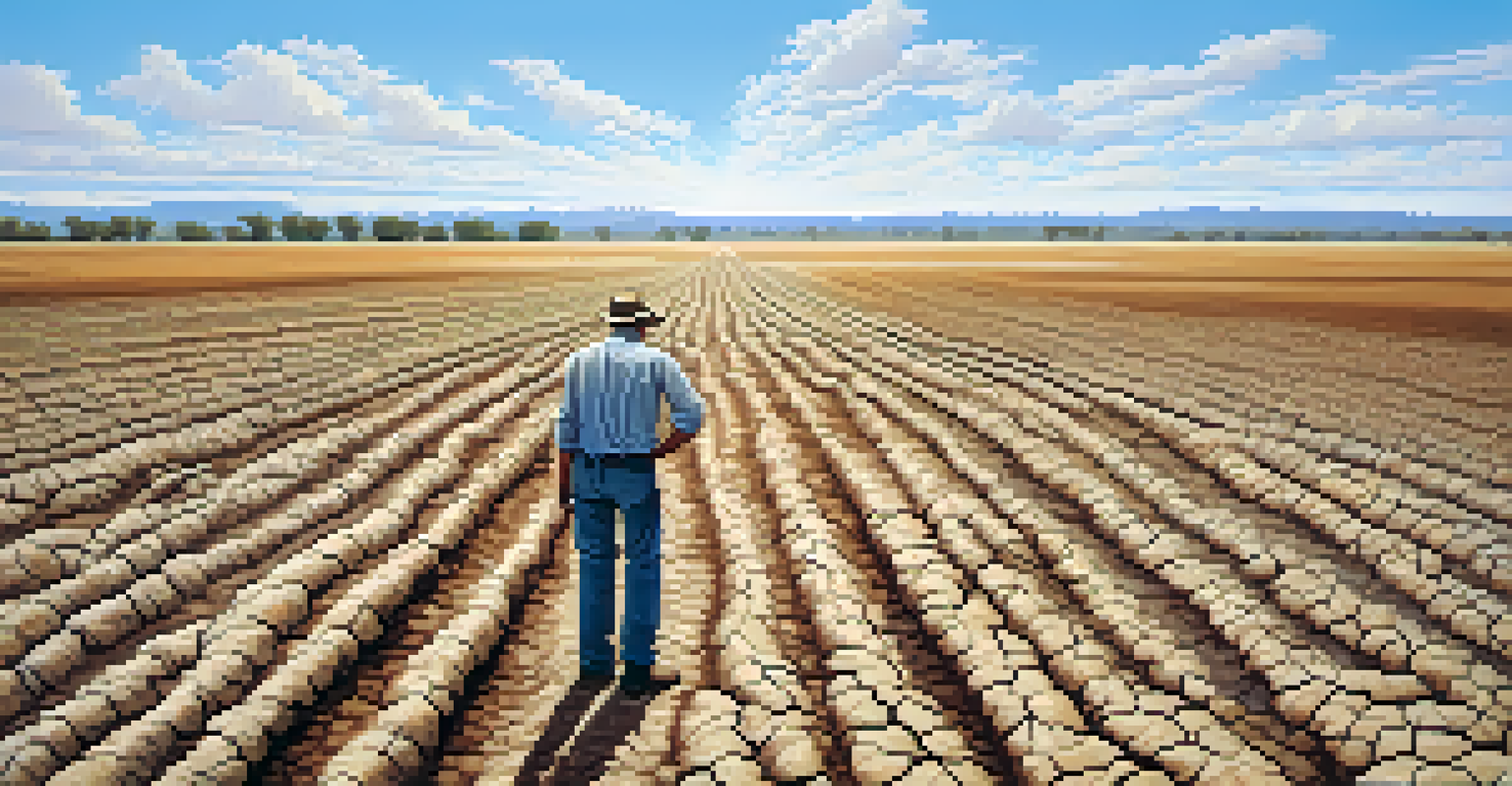 A drought-affected agricultural field with dry soil and wilted plants, under a clear blue sky, and a farmer inspecting the crops in the distance.