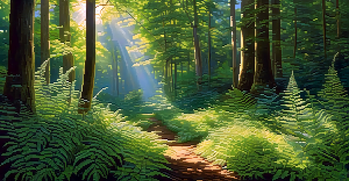 A tranquil forest scene with diverse plants and sunlight filtering through the leaves, creating a peaceful atmosphere.