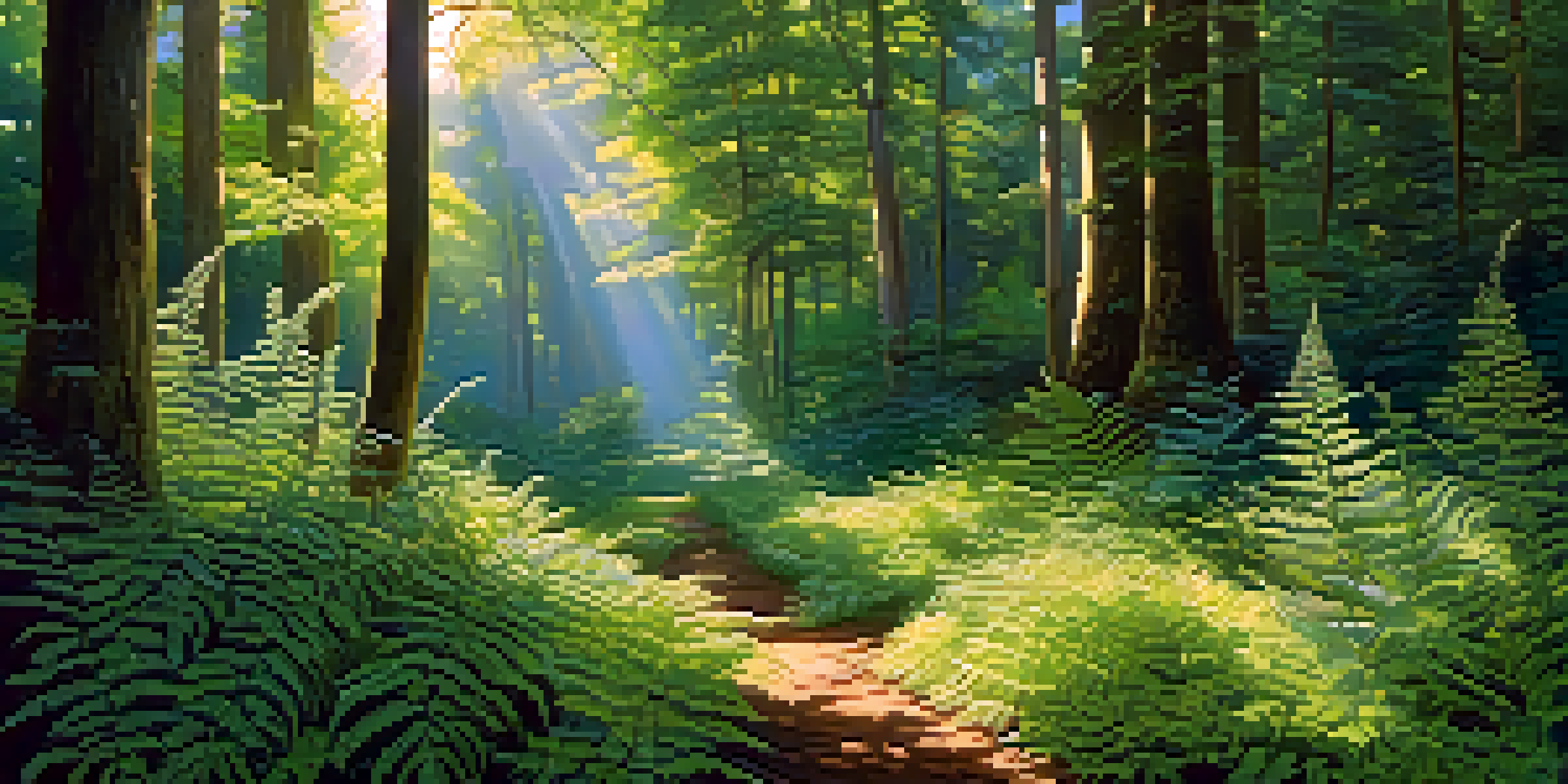A tranquil forest scene with diverse plants and sunlight filtering through the leaves, creating a peaceful atmosphere.