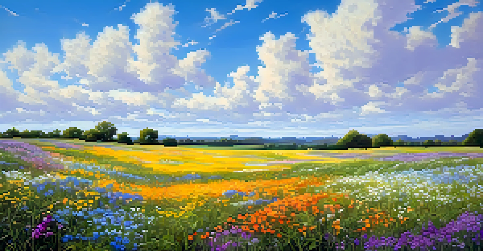 A peaceful field of wildflowers in various colors swaying in a gentle breeze under a clear blue sky.